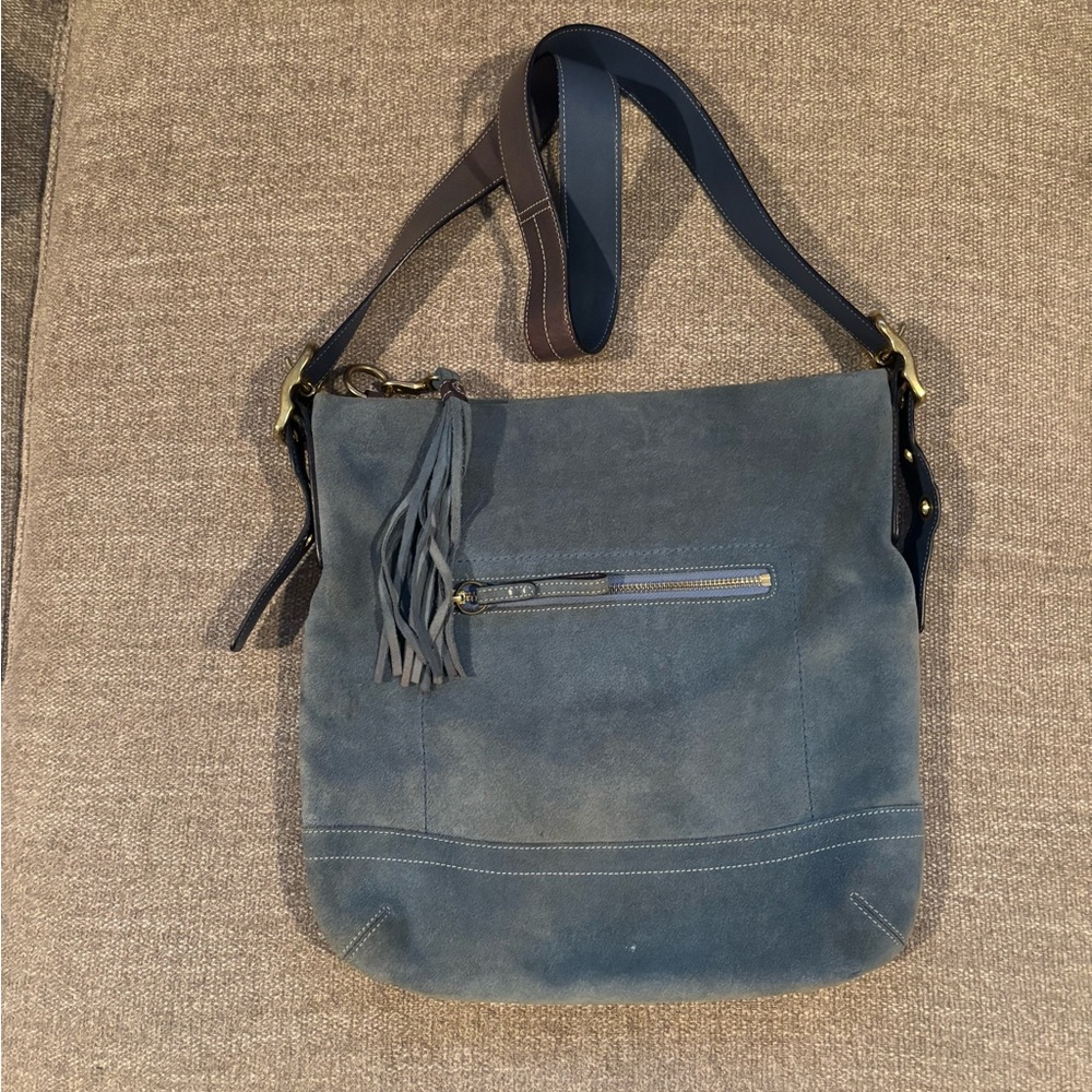✨COACH Vintage Blue Denim Suede Crossbody Tassel Adjustable Strap Bag